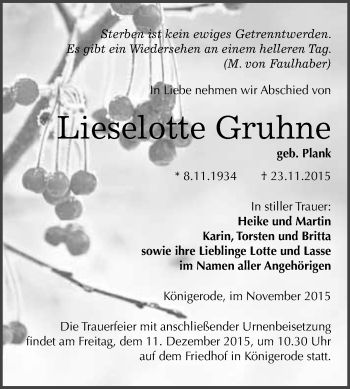 Traueranzeige von Lieselotte Gruhne von WVG - Wochenspiegel Quedlinburg