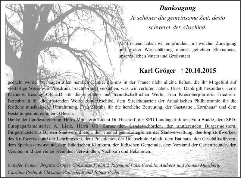  Traueranzeige für Karl Gröger vom 13.11.2015 aus Mitteldeutsche Zeitung Dessau-Roßlau