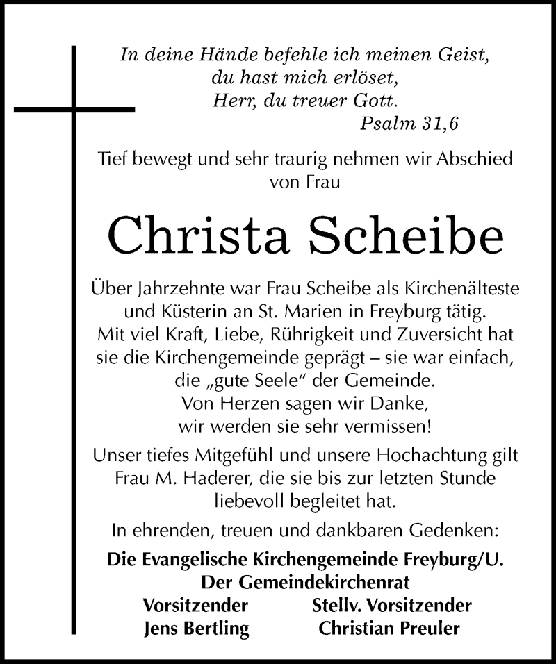  Traueranzeige für Christa Scheibe vom 18.11.2015 aus Mitteldeutsche Zeitung Naumburg/Nebra