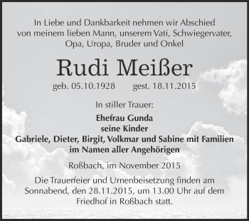 Traueranzeige von Rudi Meißer von WVG - Wochenspiegel Merseburg