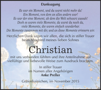 Traueranzeige von Christian  von WVG - Wochenspiegel Wittenberg