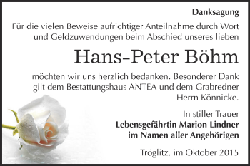 Traueranzeige von Hans-Peter Böhm von Super Sonntag Zeitz