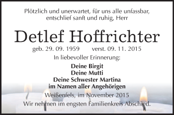 Traueranzeige von Detlef Hoffrichter von WVG - Wochenspiegel NMB / WSF / ZTZ
