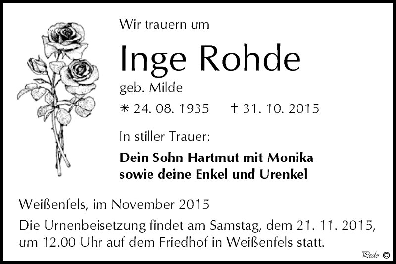  Traueranzeige für Inge Rohde vom 11.11.2015 aus WVG - Wochenspiegel NMB / WSF / ZTZ