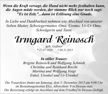 Traueranzeige von Irmgard Reinosch von Mitteldeutsche Zeitung Dessau-Roßlau