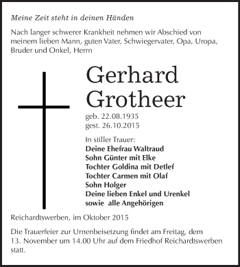 Traueranzeige von Gerhard Grotheer von WVG - Wochenspiegel NMB / WSF / ZTZ