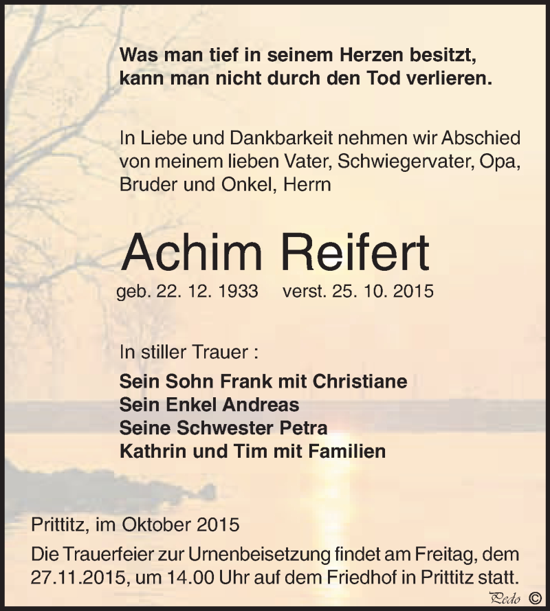  Traueranzeige für Achim Reifert vom 04.11.2015 aus WVG - Wochenspiegel NMB / WSF / ZTZ