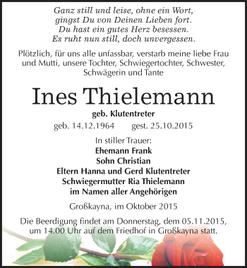 Traueranzeige von Ines Thielemann von Mitteldeutsche Zeitung Merseburg/Querfurt