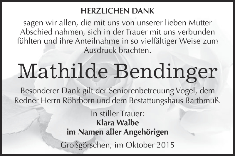  Traueranzeige für Mathilde Bendinger vom 04.11.2015 aus WVG - Wochenspiegel Merseburg