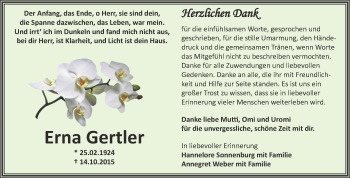 Traueranzeige von Erna Gertler von Super Sonntag Zeitz
