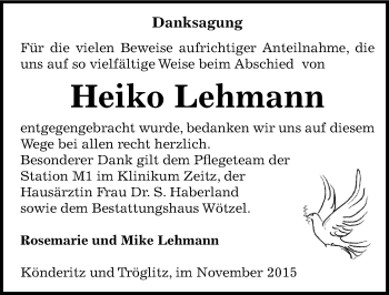 Traueranzeige von Heiko Lehmann von Mitteldeutsche Zeitung Zeitz