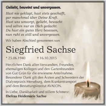 Traueranzeige von Siegfried Sachse von WVG - Wochenspiegel Merseburg