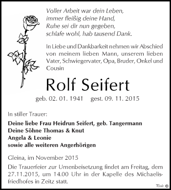 Traueranzeige von Rolf Seifert von Super Sonntag Zeitz