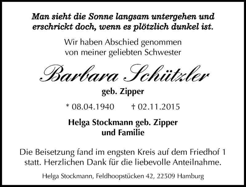  Traueranzeige für Barbara Schützler vom 21.11.2015 aus Mitteldeutsche Zeitung Dessau-Roßlau