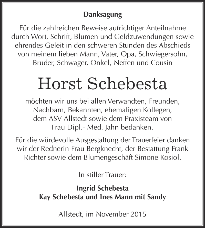  Traueranzeige für Horst Schebesta vom 25.11.2015 aus WVG - Wochenspiegel SGH