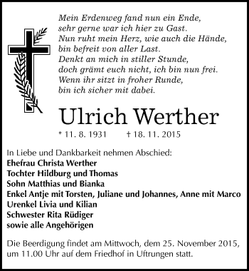 Traueranzeige von Ulrich Werther von Mitteldeutsche Zeitung Sangerhausen