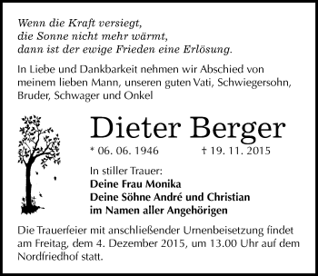Traueranzeige von Dieter Berger von Mitteldeutsche Zeitung Halle/Saalkreis
