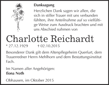 Traueranzeige von Charlotte Reichardt von WVG - Wochenspiegel Merseburg