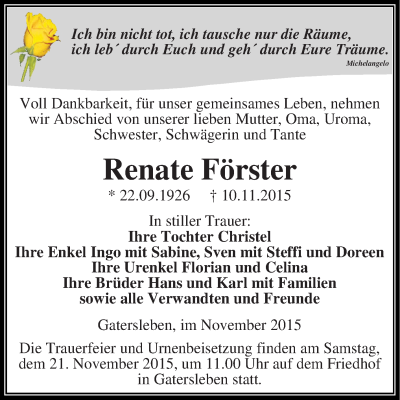  Traueranzeige für Renate Förster vom 14.11.2015 aus Super Sonntag Aschersleben