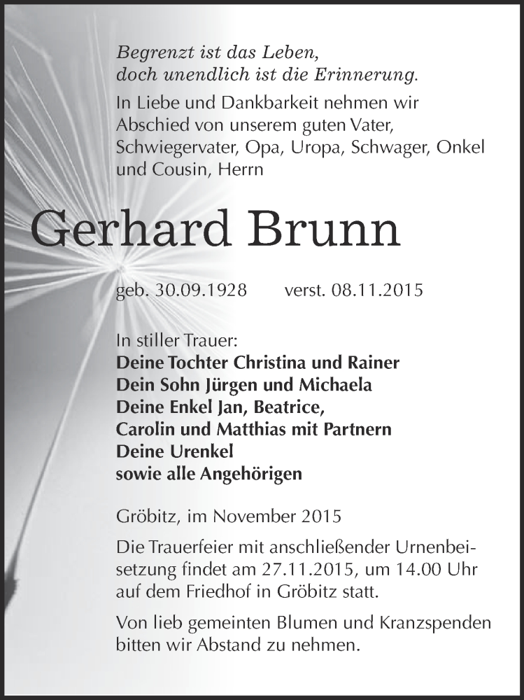  Traueranzeige für Gerhard Brunn vom 18.11.2015 aus WVG - Wochenspiegel NMB / WSF / ZTZ