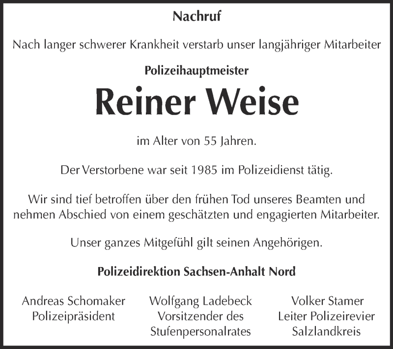  Traueranzeige für Reiner Weise vom 21.11.2015 aus Super Sonntag Aschersleben