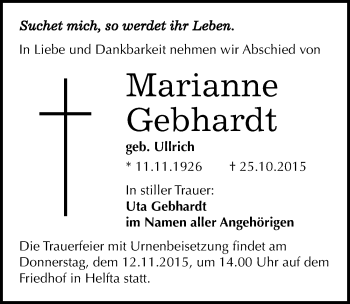 Traueranzeige von Marianne Gebhardt von Mitteldeutsche Zeitung Mansfelder Land