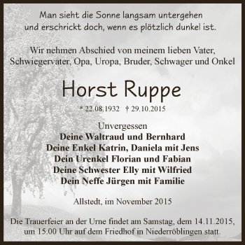 Traueranzeige von Horst Ruppe von Super Sonntag SGH Mansf. Land