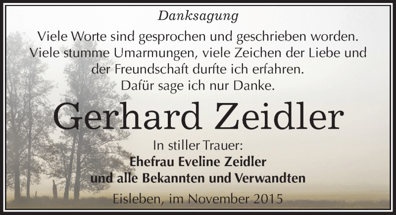  Traueranzeige für Gerhard Zeidler vom 27.11.2015 aus Mitteldeutsche Zeitung Mansfelder Land