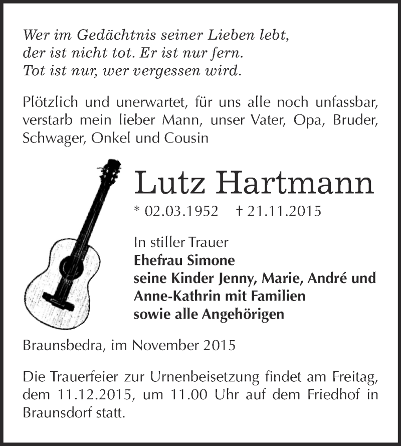  Traueranzeige für Lutz Hartmann vom 28.11.2015 aus Super Sonntag Merseburg