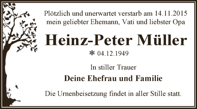  Traueranzeige für Heinz-Peter Müller vom 21.11.2015 aus WVG - Wochenspiegel Dessau / Köthen