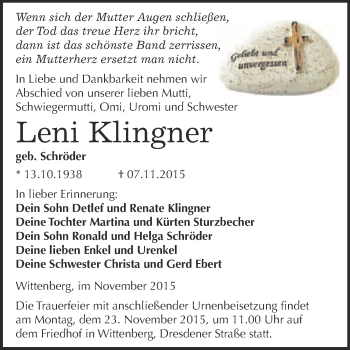 Traueranzeige von Leni Klingner von WVG - Wochenspiegel Wittenberg