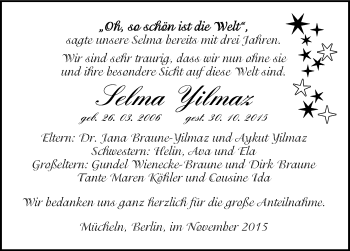 Traueranzeige von Selma Yilmaz von Mitteldeutsche Zeitung Merseburg/Querfurt