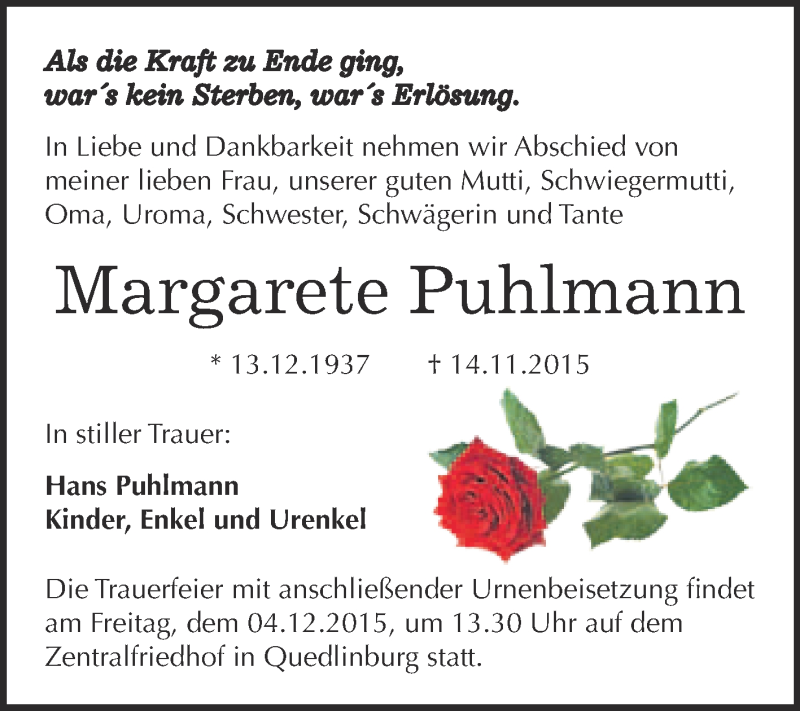  Traueranzeige für Margarete Puhlmann vom 21.11.2015 aus Super Sonntag Quedlinburg
