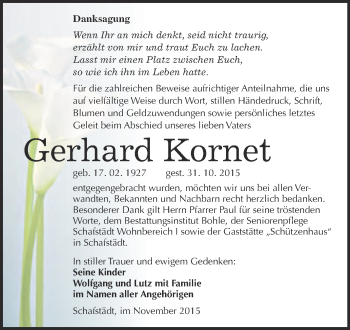 Traueranzeige von Gerhard Kornet von Super Sonntag Merseburg