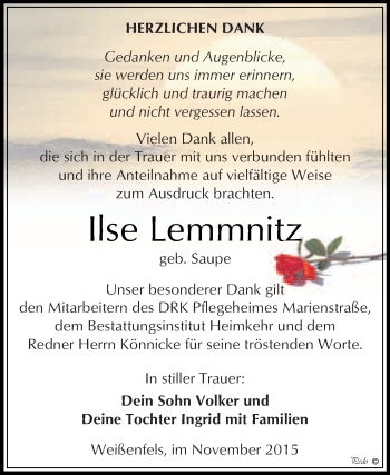 Traueranzeige von Ilse Lemmnitz von WVG - Wochenspiegel NMB / WSF / ZTZ
