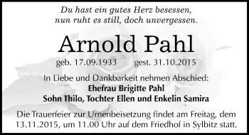 Traueranzeige von Arnold Pahl von Mitteldeutsche Zeitung Halle/Saalkreis