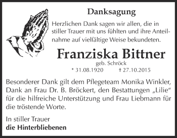 Traueranzeige von Franziska Bittner von WVG - Wochenspiegel Dessau / Köthen