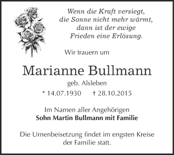 Traueranzeige von Marianne Bullmann von Super Sonntag Bernburg