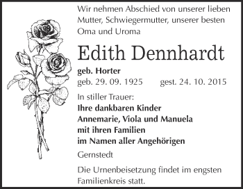 Traueranzeige von Edith Dennhardt von WVG - Wochenspiegel NMB / WSF / ZTZ