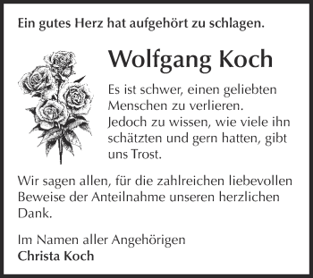 Traueranzeige von Wolfgang Koch von Super Sonntag Bernburg