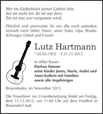 Traueranzeige von Lutz Hartmann von Super Sonntag Merseburg