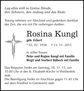 Traueranzeige von Rosina Kungl von Mitteldeutsche Zeitung Weißenfels