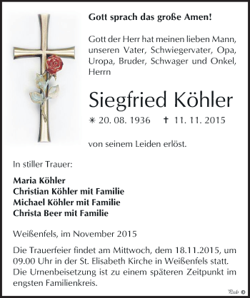 Traueranzeige von Siegfried Köhler von Mitteldeutsche Zeitung Weißenfels
