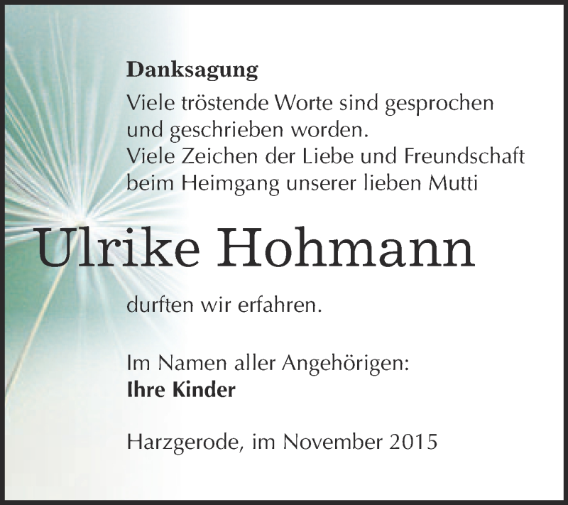  Traueranzeige für Ulrike Hohmann vom 14.11.2015 aus Super Sonntag Quedlinburg