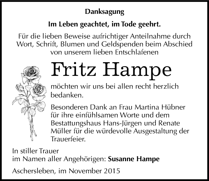  Traueranzeige für Fritz Hampe vom 14.11.2015 aus Mitteldeutsche Zeitung Aschersleben