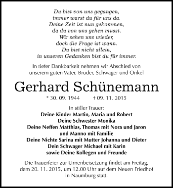 Traueranzeige von Gerhard Schünemann von Mitteldeutsche Zeitung Naumburg/Nebra