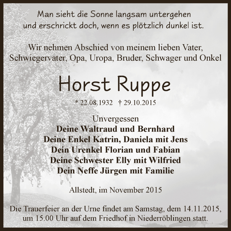  Traueranzeige für Horst Ruppe vom 07.11.2015 aus Super Sonntag SGH Mansf. Land