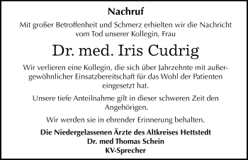 Traueranzeige von Iris Cudrig von Mitteldeutsche Zeitung Mansfelder Land