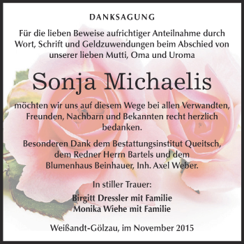 Traueranzeige von Sonja Michaelis von WVG - Wochenspiegel Dessau / Köthen
