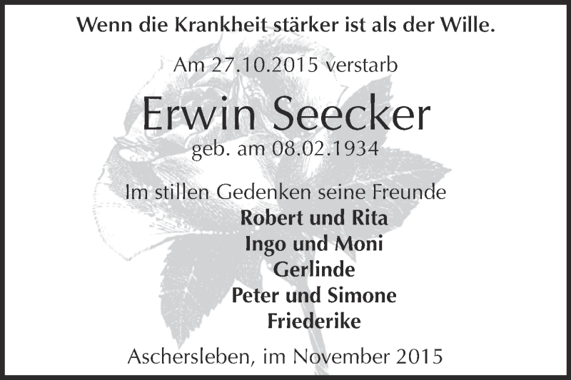  Traueranzeige für Erwin Seecker vom 11.11.2015 aus Super Sonntag Aschersleben